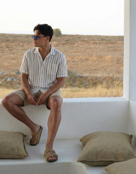 Camisa Resort de Lino Rayada Blanca – Manga Corta Hombre