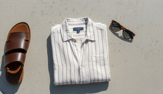 Camisa Resort de Lino Rayada Blanca – Manga Corta Hombre